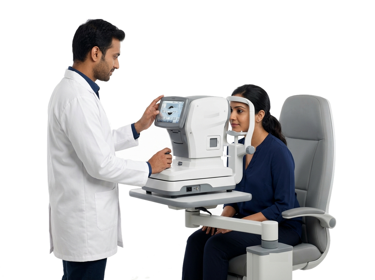 Precision Computerized Eye Examination on auto-refractor at Shrinetra Optical, Sunderpur Chauraha (Sundarpur), Khojwan Road, Varanasi near BHU Campus and Lanka